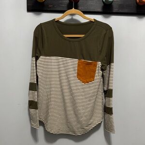 Olive and Cream Striped Long Sleeve Top with faux suede Pocket